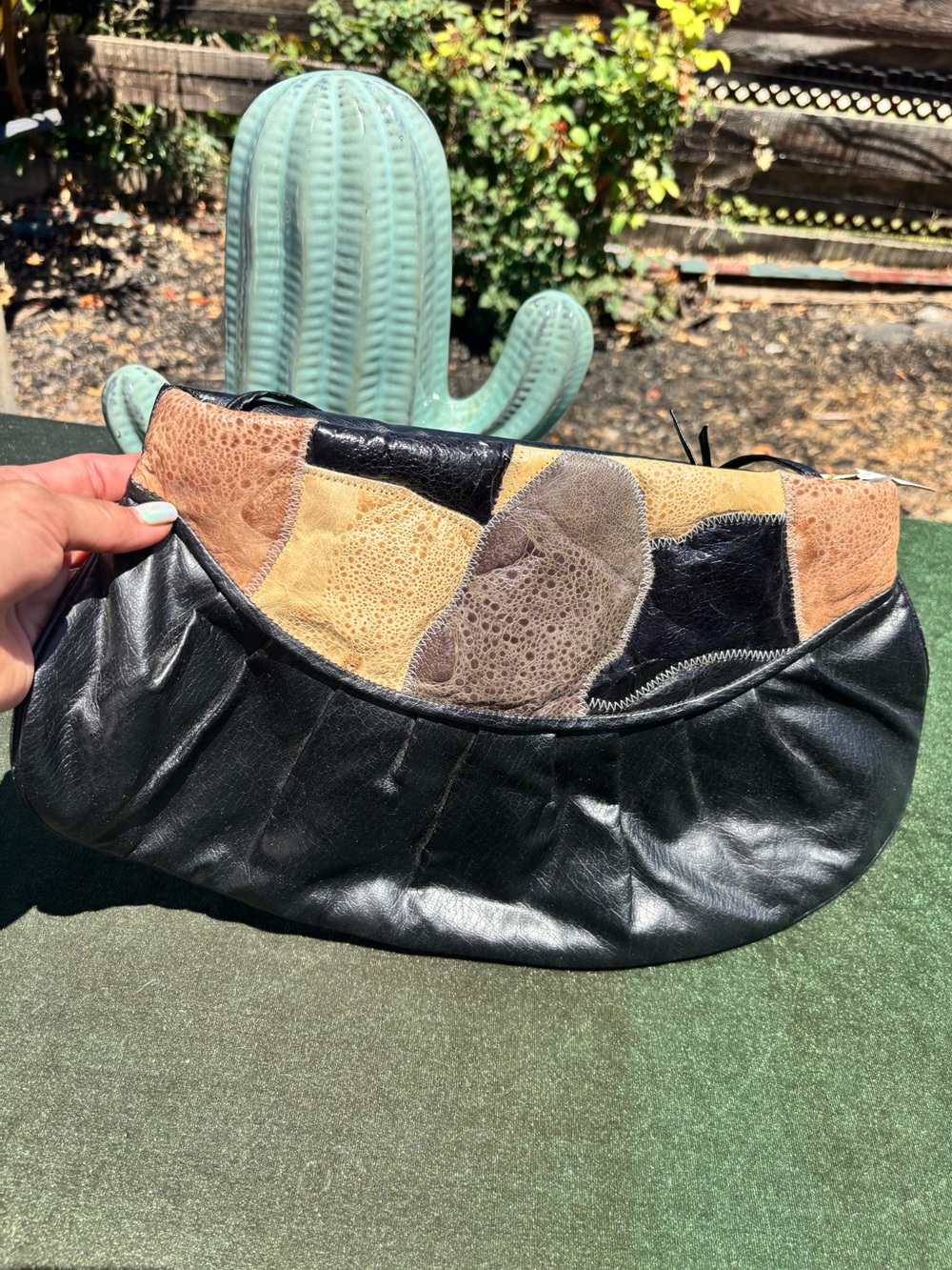 Vintage Patchwork Leather Clutch in Black, Brown & Tan